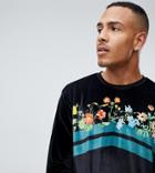 Asos Design Tall Relaxed Long Sleeve T-shirt In Velour With Floral Print And Chevron Stripe - Black