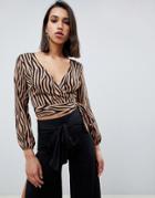 Outrageous Fortune Wrap Front Crop Top In Tan Tiger Print - Multi