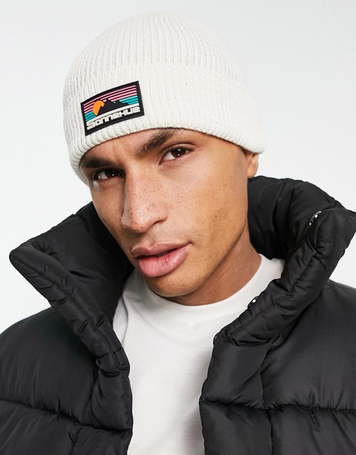 Asos Design Fisherman Beanie With Rubber Logo In Ecru-neutral