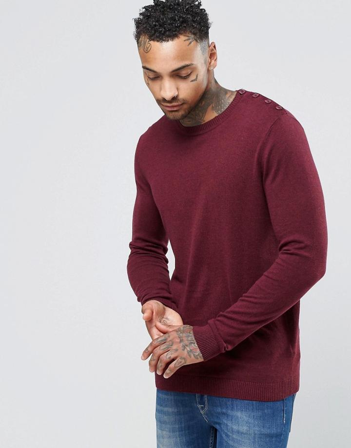 Asos Cotton Sweater With Button Shoulder In Burgundy Cotton - Red