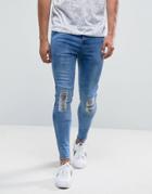 Illusive London Super Skinny Jeans In Mid Wash Blue With Knee Rips - Blue
