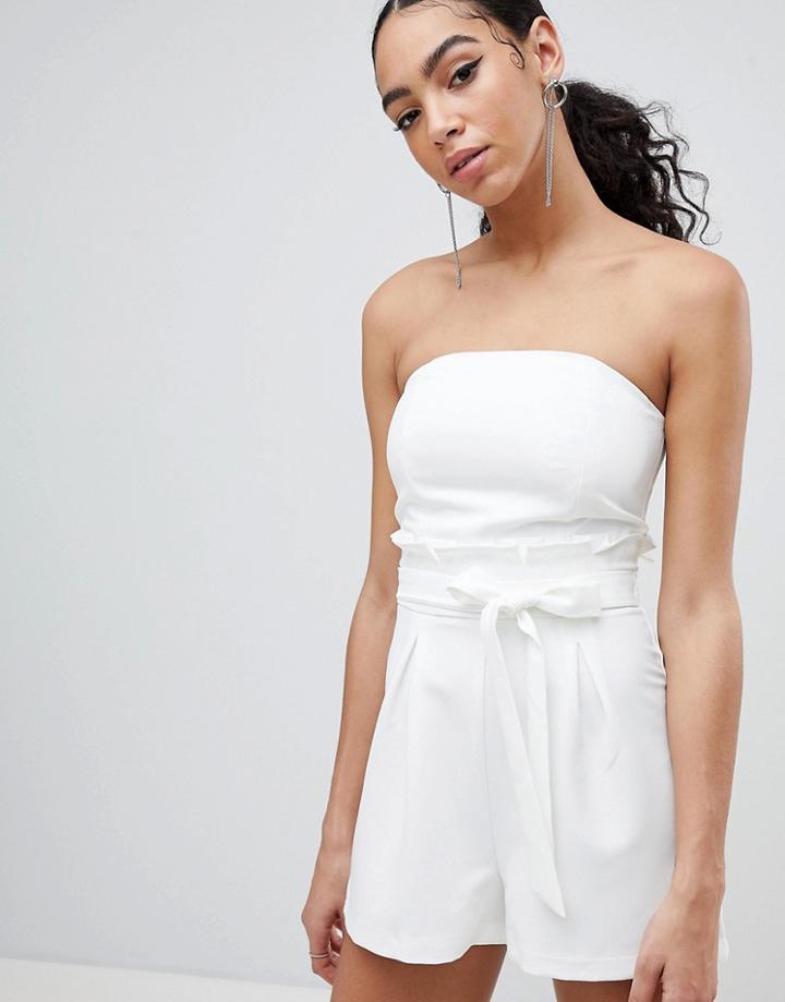 Missguided Bandeau Paperbag Tie Waist Romper - White