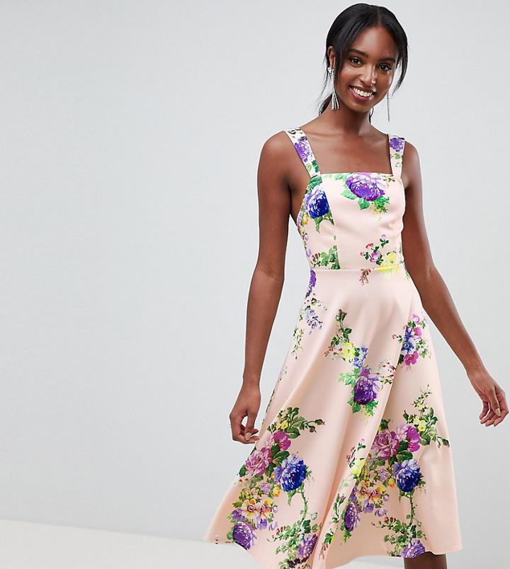Asos Design Tall Midi Floral Prom Dress With Square Neck-multi
