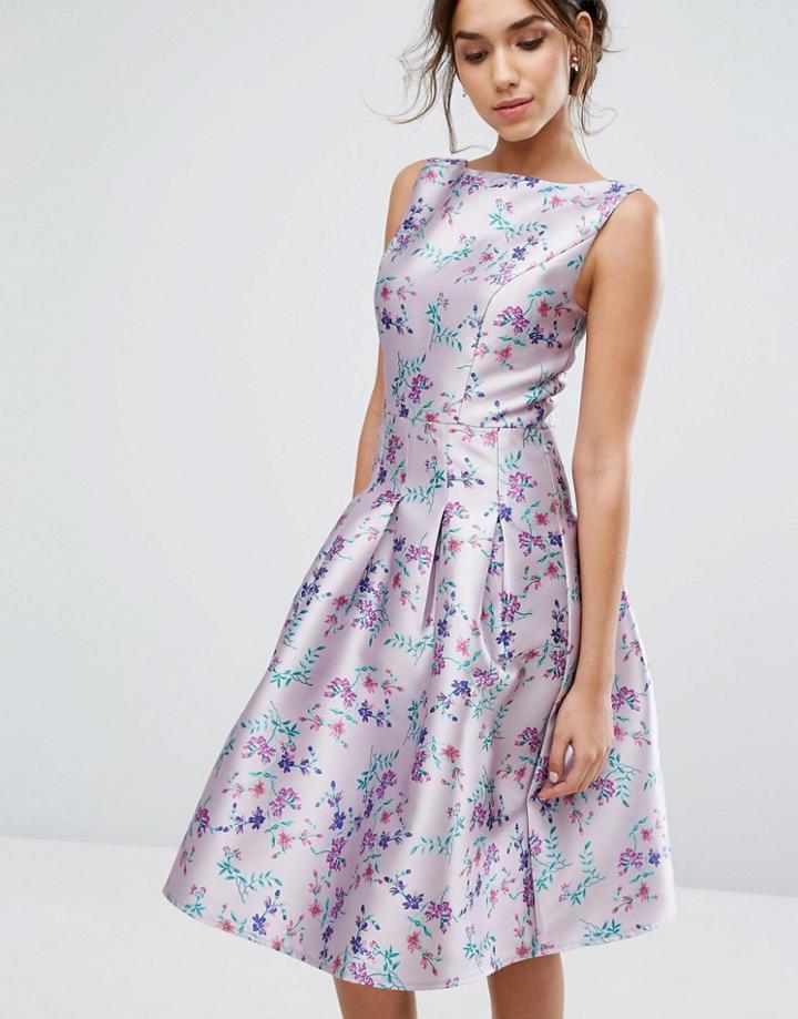 Chi Chi London Pleated Midi Dress In Ditsy Floral Print - Multi