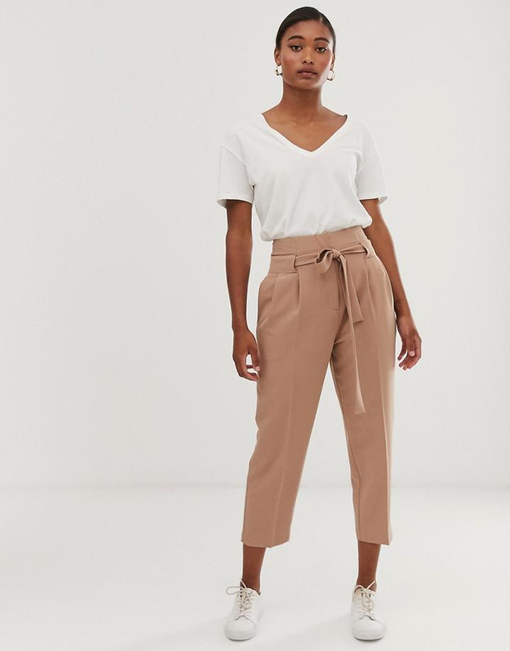 Asos Design Tailored Tie Waist Tapered Ankle Grazer Pants - Beige