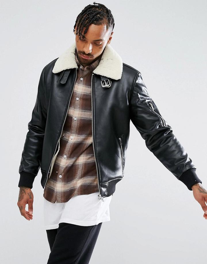 Bershka Pu Aviator Jacket With Fleece Lining In Black - Black