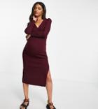 Asos Design Maternity Knitted Dress With V Neck In Rib In Dark Red