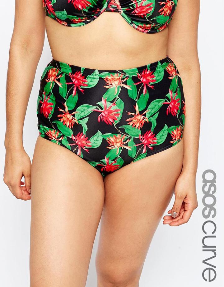 Asos Curve Dark Lotus Print High Waist Bikini Bottom With Support - Dark Lotus