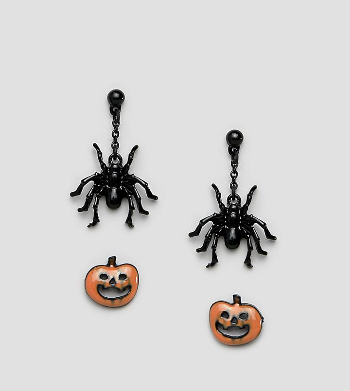 Asos Design Halloween Pack Of 2 Earrings With Spider And Pumpkin - Multi