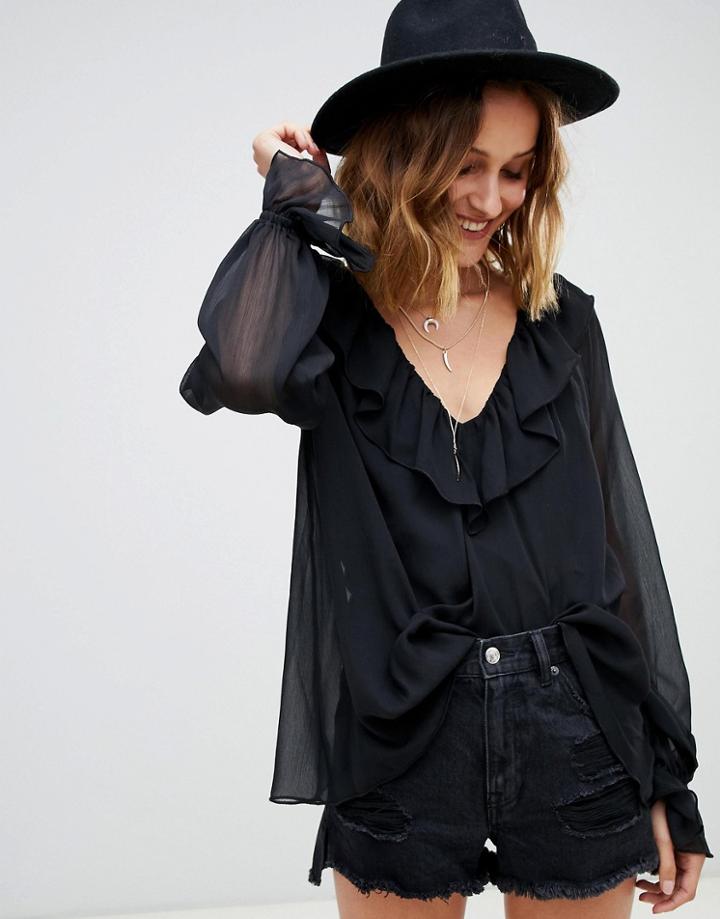 Asos Design Sheer Blouse With Ruffle Detail And Cami - Black