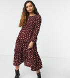 River Island Petite Floral Shirred Smock Midi Dress In Red