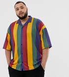 Asos Design Plus Oversized Button Through Revere Collar Polo In Large Vertical Stripes - Multi