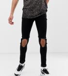 Asos Design Tall Spray On Jeans In Power Stretch Denim In Black With Open Rips - Black