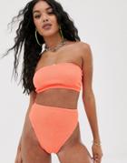 Asos Design Mix And Match Crinkle Bandeau Bikini Top In Sorbet Coral - Orange