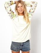 Asos Boyfriend Sweatshirt In Neoprene With Floral Printed Sleeves - White