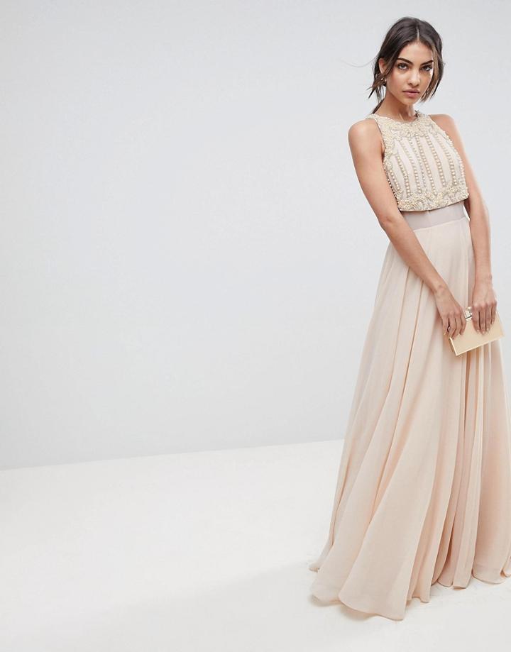 Asos Crop Top Maxi Dress With Pearl Embellishment - Pink