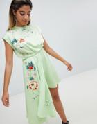 Asos Design Romper With Drape Side And Embroidery-green