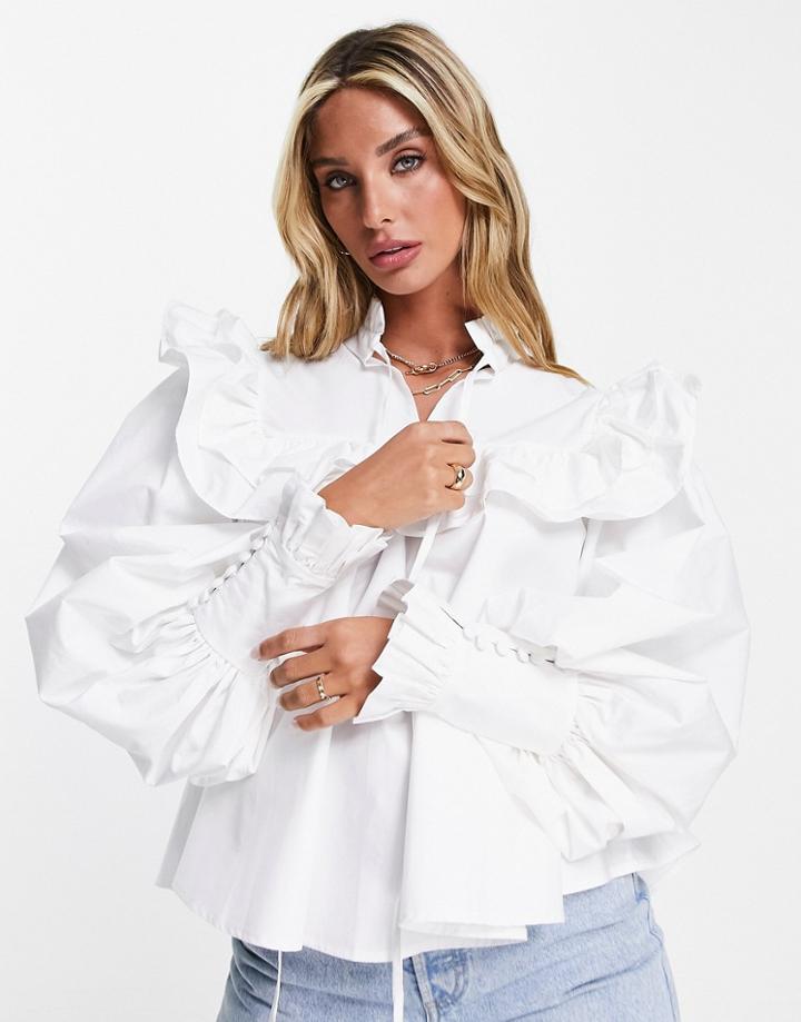 Asos Edition High Neck Ruffle Yoke Shirt In White