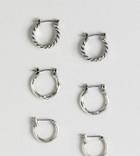 Asos Design Mixed Hoop Earring Pack In Burnished Silver Tone - Silver
