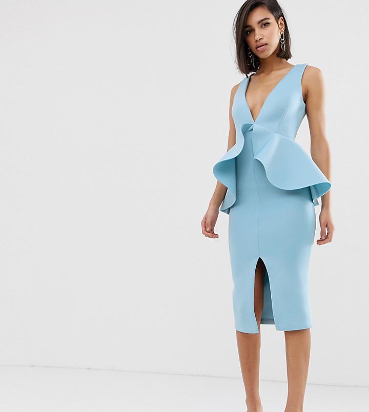 Lavish Alice Peplum Scuba Ruffle Dress In Dusty Blue - Blue