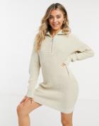 Asos Design Zip Through Dress In Stone-neutral