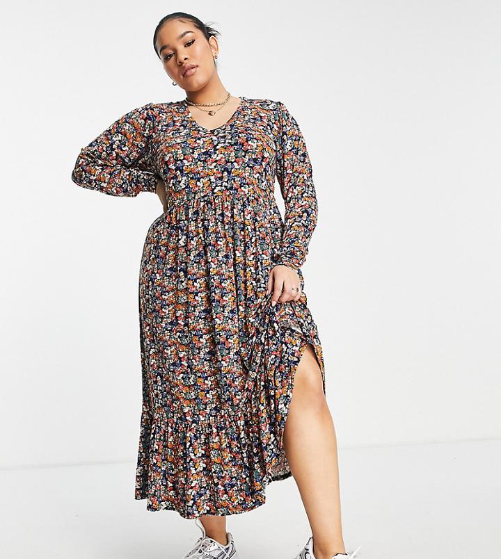 Yours Long Sleeve Tiered Maxi Dress In Black Floral