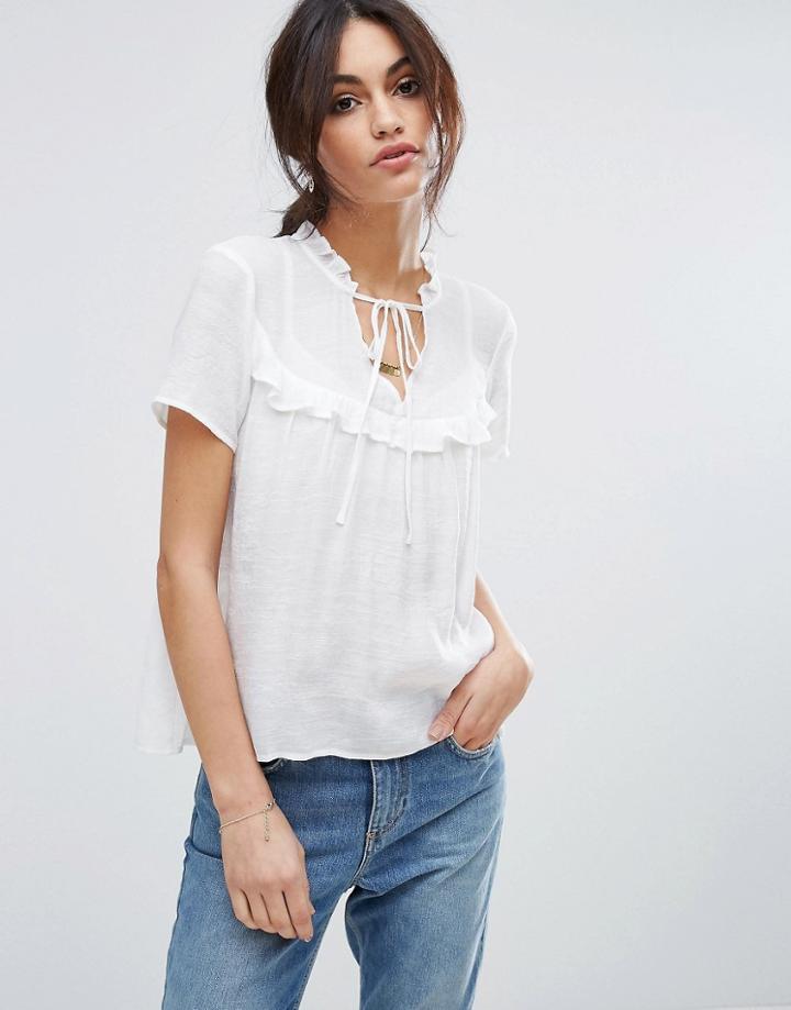 Vero Moda Lace Up Ruffle Detail Smock Top - White