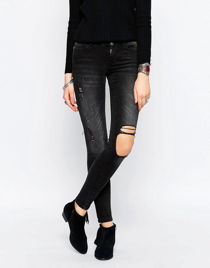 Noisy May Eve Super Slim Stud Destroy Knee Jean - Black 34