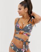 Asos Design Fuller Bust Plunge Wrap Bikini Top In Textured Floral Gingham Print Dd-g - Multi