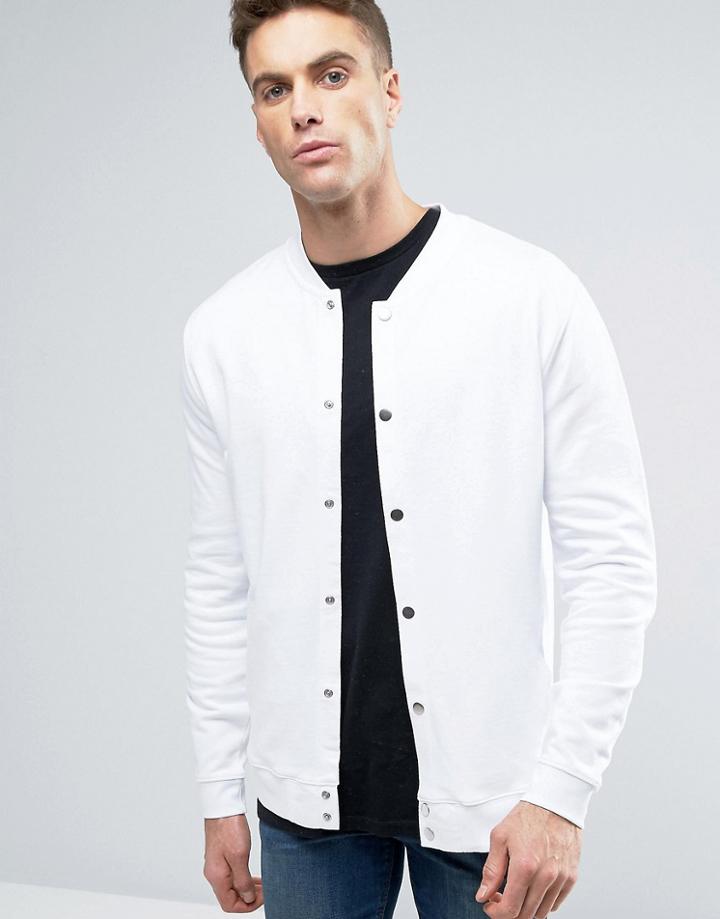 Asos Jersey Bomber Jacket With Snaps In White - White