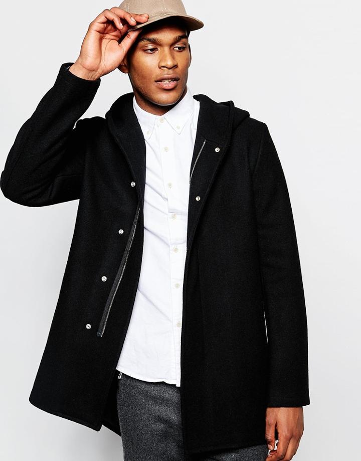 Asos Hooded Wool Rich Coat In Black - Black