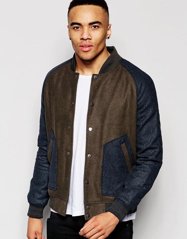 D-struct Fallow Wool Blend Contrast Sleeve Bomber Jacket - Green