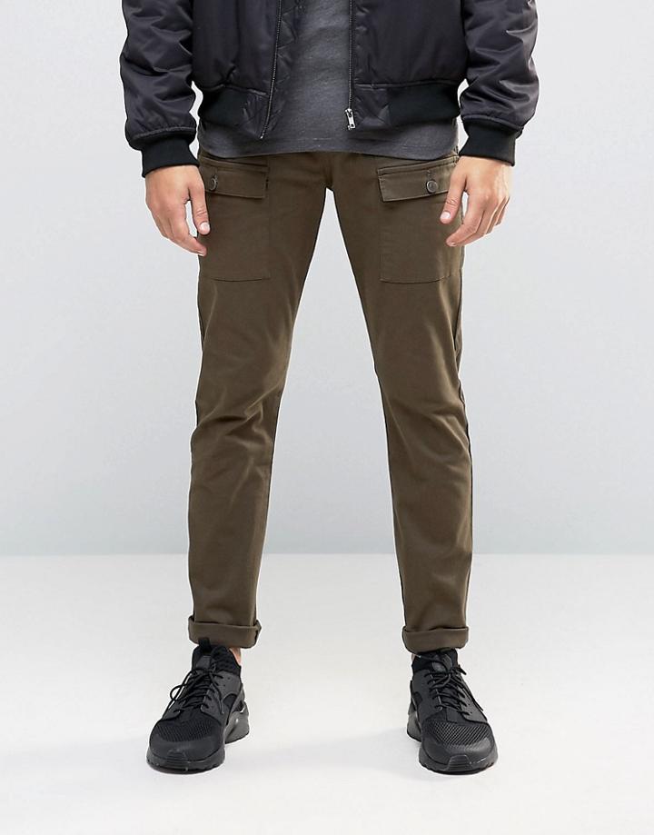 Asos Super Skinny Trousers With Cargo Styling In Khaki - Green