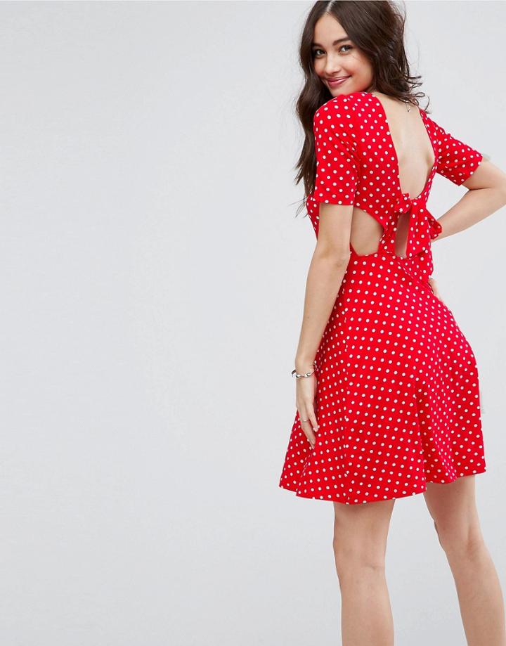 Asos Mini Tea Dress With Tie Back In Polka Dot - Multi