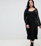Asos Design Curve Scoop Neck Rib Midi Dress With Asymmetric Skirt - Black