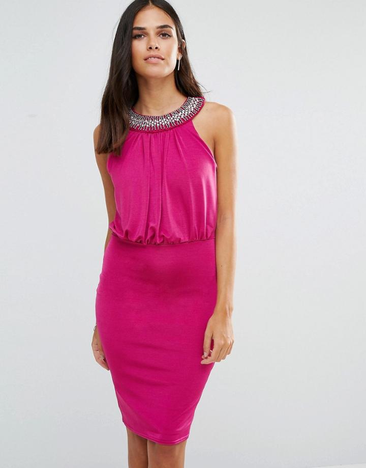Jessica Wright Pencil Dress With Embellished Neckline - Pink