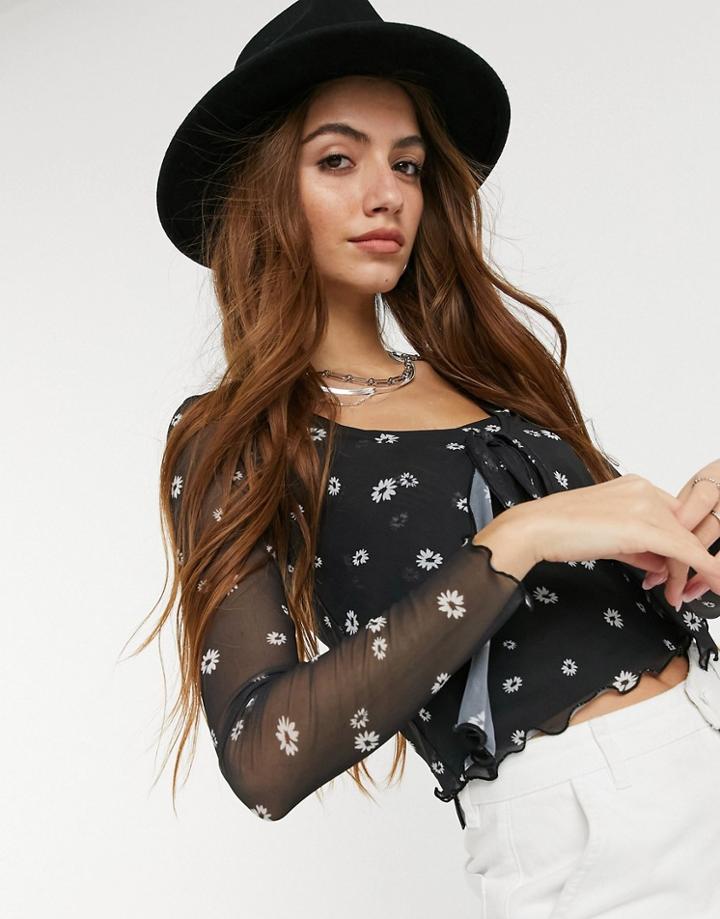 New Look Mesh Cardigan & Cami Twin Set In Black Floral