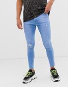 Bershka Join Life Super Skinny Jeans With Knee Rip And Abrasions In Light Blue - Blue