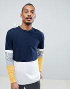 Asos Design Relaxed Longline Long Sleeve T-shirt With Color Block In Navy - Navy