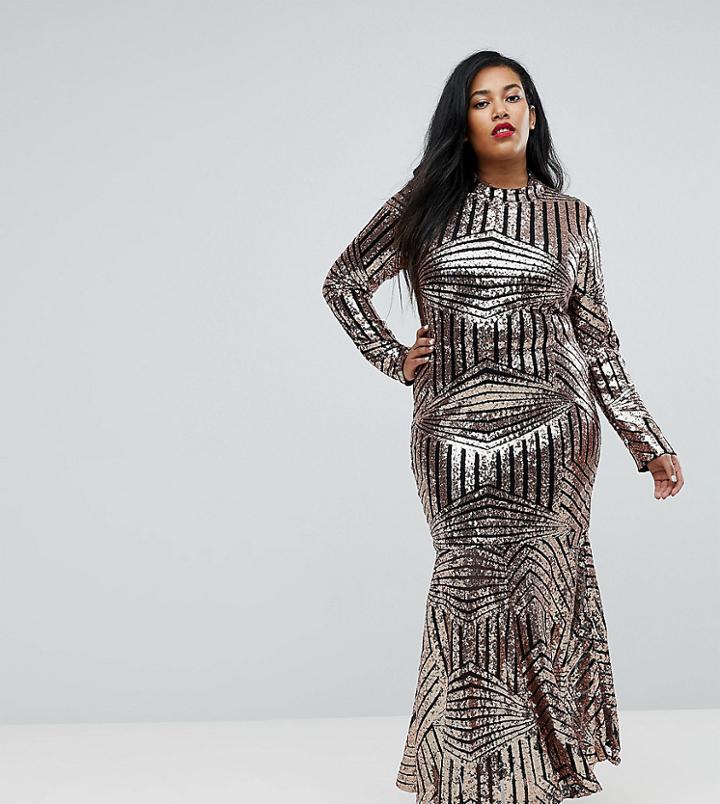Club L Plus All Over Glitter Long Sleeve Maxi Dress - Gold