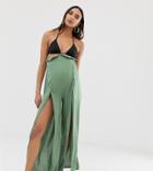 Asos Design Maternity Jersey Beach Split Front Pants With Paperbag Waist In Khaki - Green
