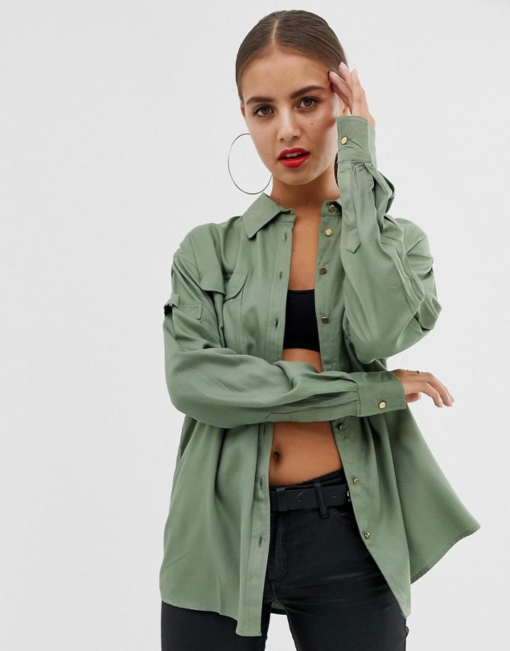 Asos Design Utility Long Sleeve Shirt-green