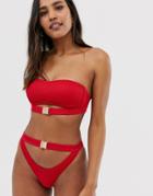 Candypants Rib Buckle Bikini Bottom In Red - Red