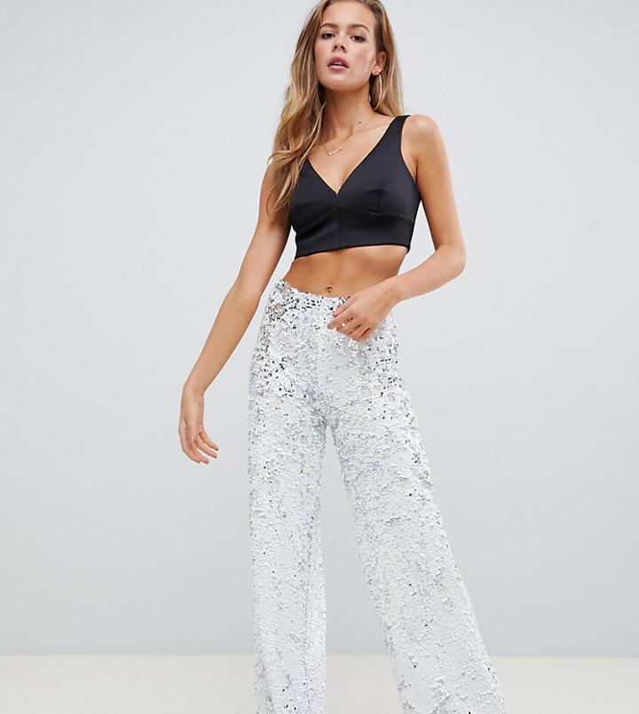 Missguided Sequin Wide Leg Pants In White - White