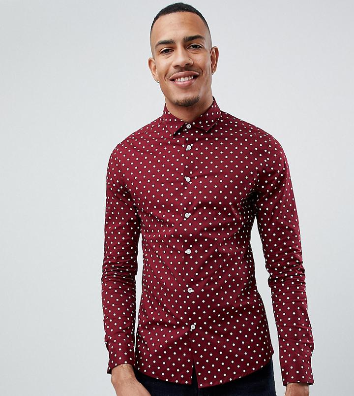 Asos Design Tall Skinny Fit Polka Dot Shirt In Burgundy - Red