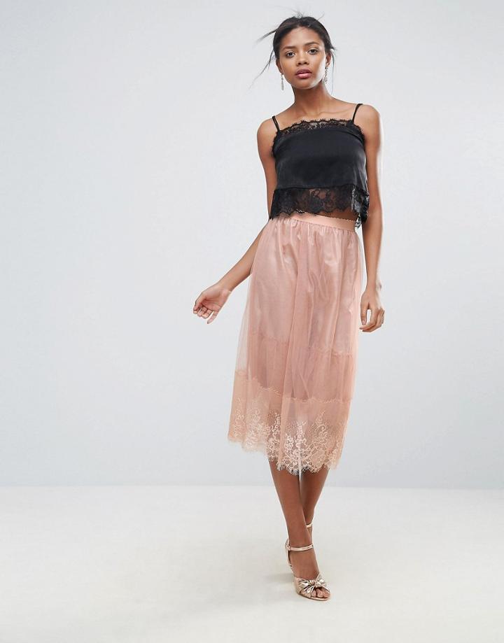 New Look Lace Trim Tulle Midi Skirt - Pink