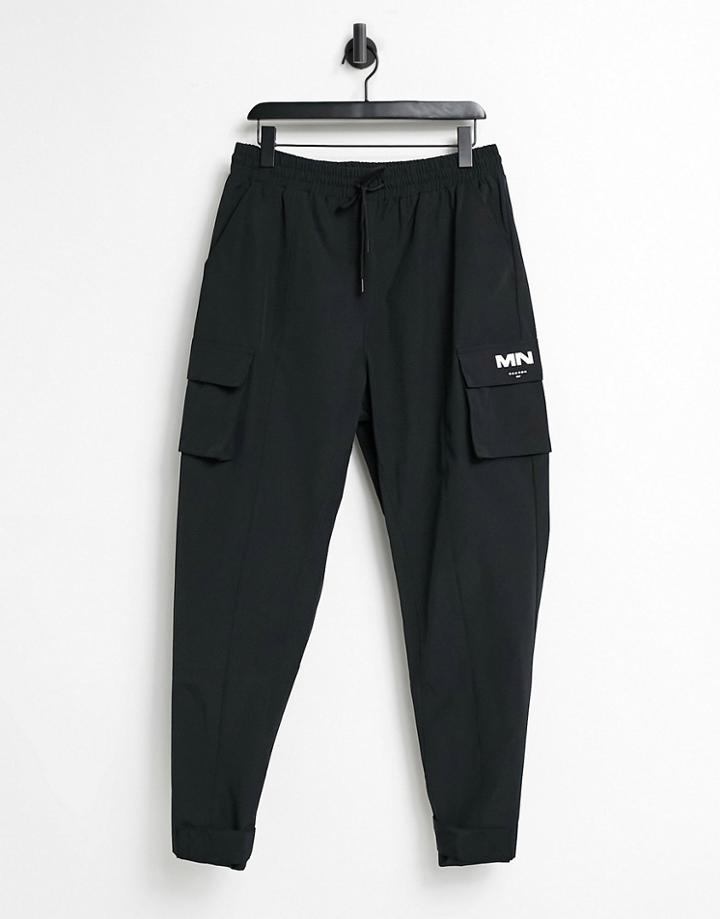 Mennace Crinkle Tech Tracksuit Cargo Pants In Black