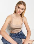Topshop Lace Trim Pointelle Cropped Tank Top In Neutral-green