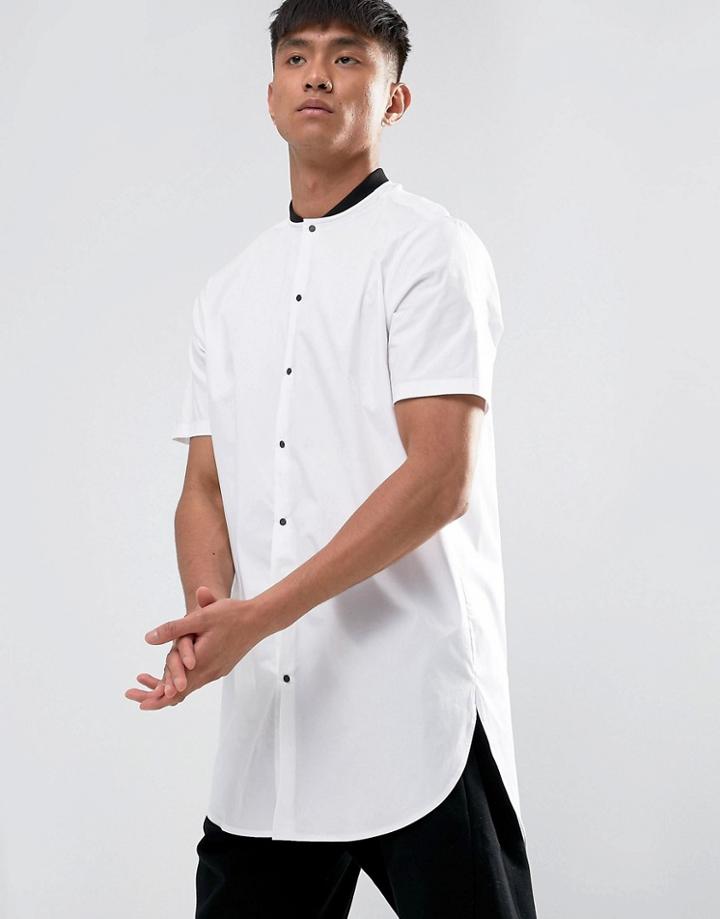 Asos Regular Fit Super Longline Shirt With Baseball Collar And Contrast Poppers - White