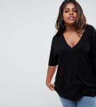 Asos Design Curve Oversized V-neck T-shirt In Lightweight Rib In Black - Black